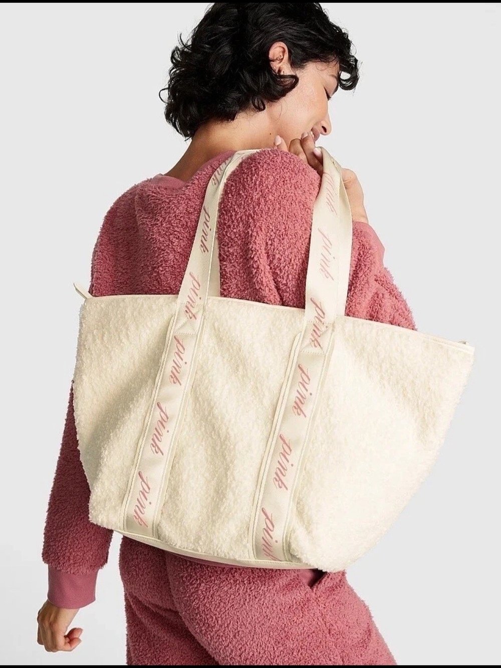 Cozy PINK Victoria's Secret sherpa tote bag in beautiful cream/ivory.